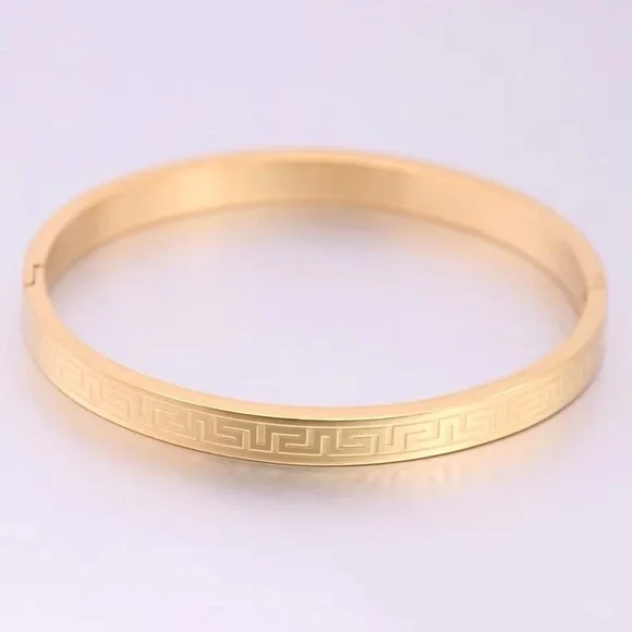 Stainless Steel Gold Plated Greek Carving Pattern Bangle Bracelet - Picture 4 of 5